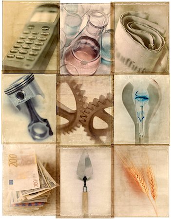 Industry Collage with Cell Phone Light Bulb, International Currency, Spade, Gears, Wheat Stock Photo - Rights-Managed, Code: 700-00075372