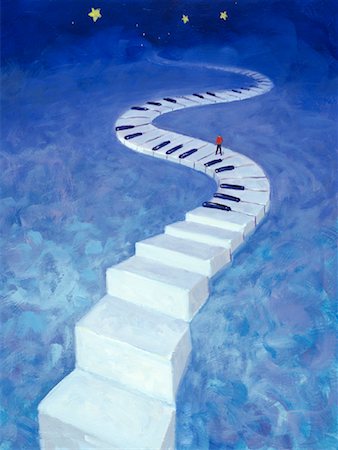 Illustration of Man Walking on Pathway of Piano Keys in Sky Stock Photo - Rights-Managed, Code: 700-00079658