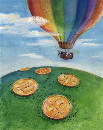 Illustration of Business People In Hot Air Balloon, Flying over Coins with International Currency Symbols Stock Photo - Rights-Managed, Code: 700-00079996