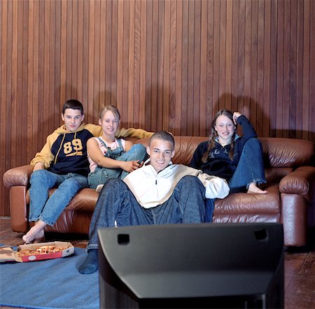 pizza tv - Group of Teenagers Sitting on Sofa, Watching Television Stock Photo - Rights-Managed, Code: 700-00071692