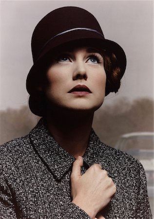 fashionable womens hat portrait - Portrait of Woman Wearing Hat And Jacket, Looking Up in Parking Lot Stock Photo - Rights-Managed, Code: 700-00084899