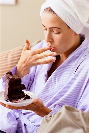 simsearch:700-02594044,k - Woman in Bathrobe, Eating Slice Of Chocolate Cake Stock Photo - Rights-Managed, Code: 700-00086019