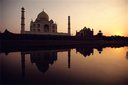 sunrise taj mahal - Taj Mahal and Reflections on Water at Sunset Agra, India Stock Photo - Rights-Managed, Code: 700-00080215