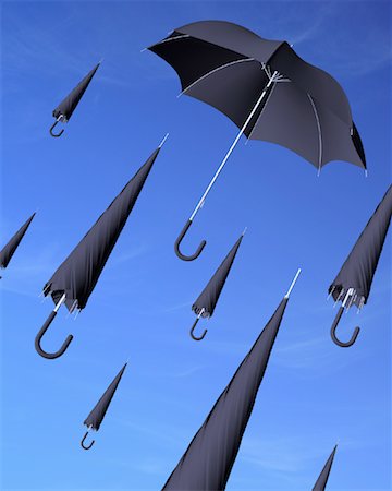 simsearch:600-00865469,k - Single Open Umbrella Floating in Sky with Closed Umbrellas Foto de stock - Con derechos protegidos, Código: 700-00080726