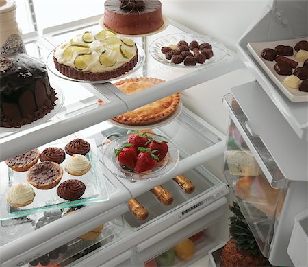 simsearch:700-00077881,k - Open Fridge with Stocked with Dessert Foods Stock Photo - Rights-Managed, Code: 700-00080757