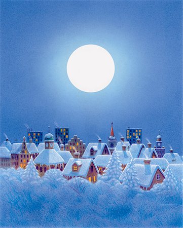 snow covered rooftops - Illustration of Full Moon over Snow-Covered Town Stock Photo - Rights-Managed, Code: 700-00199454
