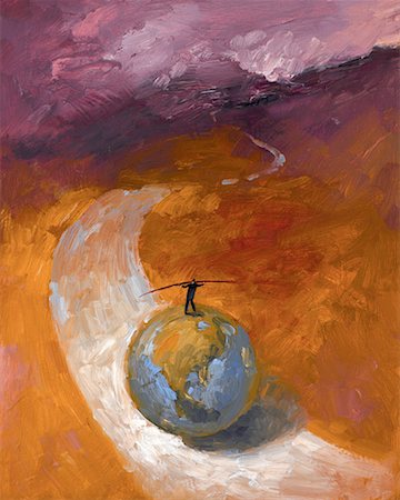 Man Balancing On a Globe Rolling Along a Road Stock Photo - Rights-Managed, Code: 700-00515989