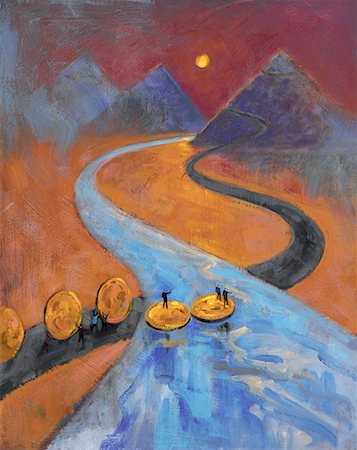 standing on ladder illustration - Figures Crossing River on Gold Coins Stock Photo - Rights-Managed, Code: 700-00515993