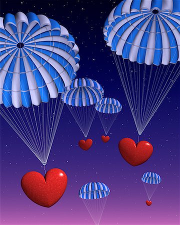 simsearch:700-06936142,k - Parachutes with Hearts Falling From Sky Stock Photo - Rights-Managed, Code: 700-00524226