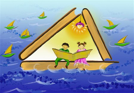 pictures of kids and friends playing at school - Children Reading Book in Boat Made of Books Stock Photo - Rights-Managed, Code: 700-00560700