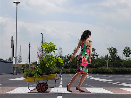 Woman in Parking Lot Pulling Wagon Full of Plants Stock Photo - Rights-Managed, Code: 700-00644011