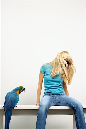 Woman and Blue and Yellow Macaw Fotografie stock - Rights-Managed, Codice: 700-00678830