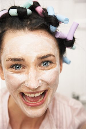 Woman Wearing Face Cream And Curlers Stock Photo - Rights-Managed, Code: 700-00954576