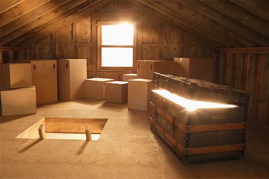 Glowing Chest, Boxes and Trap Door in Attic Stock Photo - Premium Rights-Managed, Artist: Ron Fehling, Image code: 700-01037309