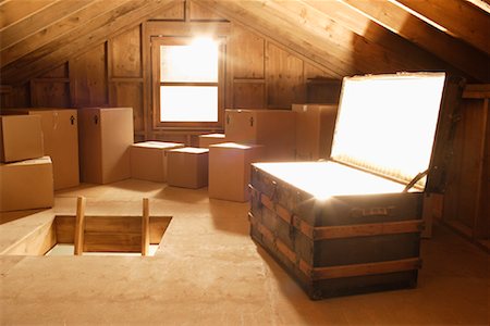 Glowing Chest, Boxes and Trap Door in Attic Stock Photo - Rights-Managed, Code: 700-01037316