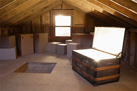 Glowing Chest, Boxes and Trap Door in Attic Stock Photo - Rights-Managed, Code: 700-01037310