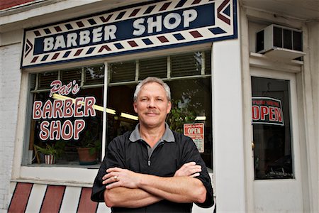 shop open signs - Portrait of Barber by Shop Stock Photo - Rights-Managed, Code: 700-01120126