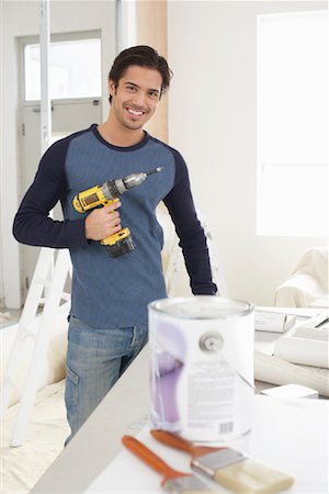 pic of man holding paint can and brush - Man with Cordless Drill Stock Photo - Rights-Managed, Code: 700-01260523
