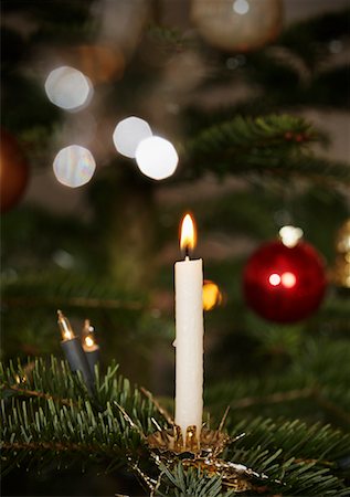 red christmas bulbs - Candle on Christmas Tree Stock Photo - Rights-Managed, Code: 700-01296243