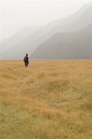 Man in Valley by Mountains, Eglinton Valley, Milford Road, Fiordland National Park, New Zealand Foto de stock - Con derechos protegidos, Código: 700-01765166