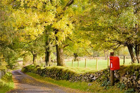 red mailbox - Red Postal Box by Country Lane, Cumbria, Lake District, England Stock Photo - Rights-Managed, Code: 700-01953819