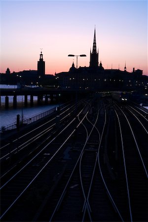 sunsets with trains - Railway Tracks in Gamla Stan at Night, Kungsholmen, Stockholm, Sweden Stock Photo - Rights-Managed, Code: 700-02289494