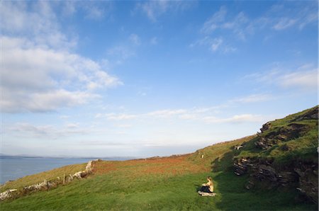 Woman Sitting in Meadow by the Celtic Sea, Cape Clear Island, County Cork, Ireland Stock Photo - Rights-Managed, Code: 700-02348640