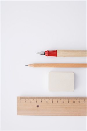 pencils and eraser - Close-up of Pen, Pencil, Eraser and Ruler Stock Photo - Rights-Managed, Code: 700-02371548