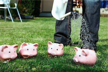 simsearch:700-02289305,k - Person Watering Piggy Banks Foto de stock - Con derechos protegidos, Código: 700-02371635