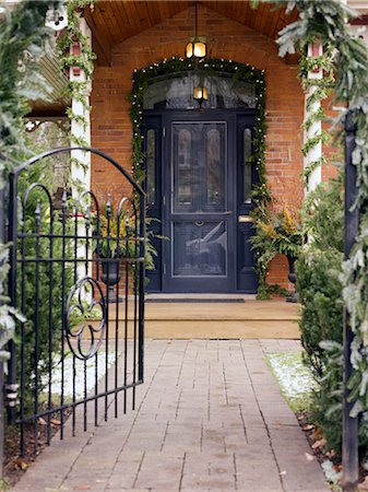 snow home exterior - Entrance to Upscale Home Decorated for Christmas Stock Photo - Rights-Managed, Code: 700-02686580