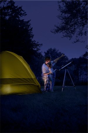 person with telescope - Father and Son Camping in the Backyard at Night, Looking Through Telescope Stock Photo - Rights-Managed, Code: 700-02698425