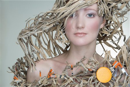 paper recycling studio photos - Portrait of Woman Wearing Outfit Made Out of Recycled Cardboard Stock Photo - Rights-Managed, Code: 700-02701006