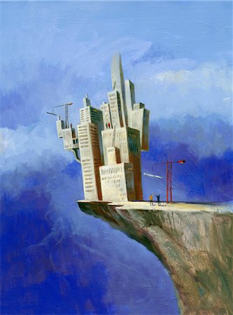 sky future - Illustration of Buildings being Constructed on the Edge of a Cliff Stock Photo - Rights-Managed, Code: 700-02738037