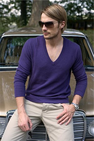 fashion men modeling outdoor - Man Leaning on Hood of Car in Rural Setting Stock Photo - Rights-Managed, Code: 700-02757151