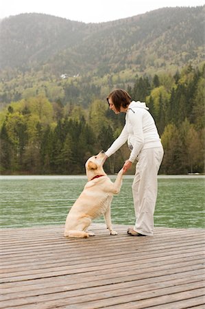 fuschlsee - Pregnant Woman on a Dock Playing With Her Dog Foto de stock - Con derechos protegidos, Código: 700-02922742