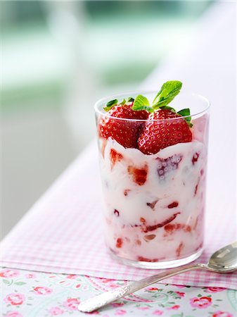 strawberry in yogurt - Yogurt Fool With Fresh Strawberries and Mint Stock Photo - Rights-Managed, Code: 700-03053823