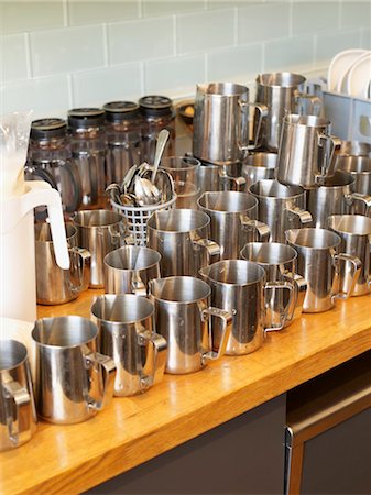 food on stainless steel - Coffeeshop Milk Jugs Stock Photo - Rights-Managed, Code: 700-03406526