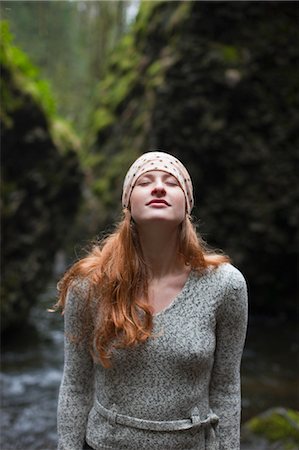 daydreaming (eyes closed) - Woman in Columbia River Gorge, Oregon, USA Stock Photo - Rights-Managed, Code: 700-03455652