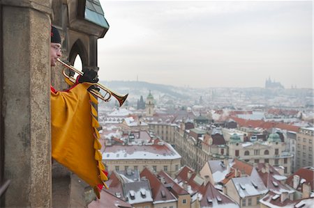 prague - Man Playing Trumpet from Old Town Hall, Prague, Bohemia, Czech Republic Stock Photo - Rights-Managed, Code: 700-03621202