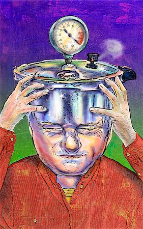 stress - Man with Pressure Cooker for Head About to to Blow Stock Photo - Rights-Managed, Code: 700-03697879
