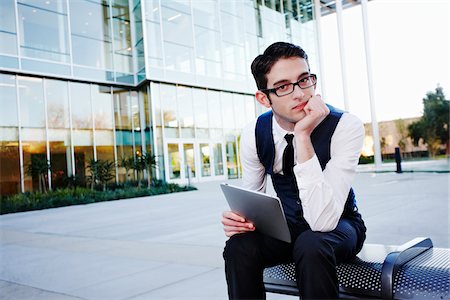exterior office buildings - Businessman with Tablet PC Sitting on Bench Stock Photo - Rights-Managed, Code: 700-03814363