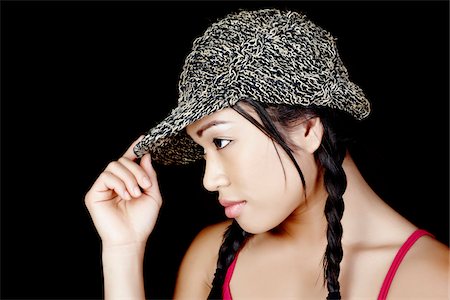 profile portrait black background - Profile of Woman Wearing Hat Stock Photo - Rights-Managed, Code: 700-03848880