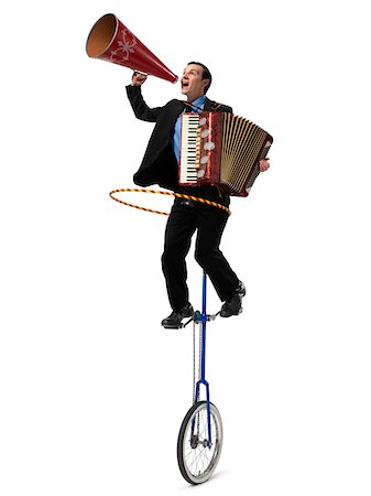 digitally altered - Homme d'affaires sur monocycle jouant acordian, à l'aide de Hula Hoop et Yelling au mégaphone Photographie de stock - Rights-Managed, Code: 700-03891175