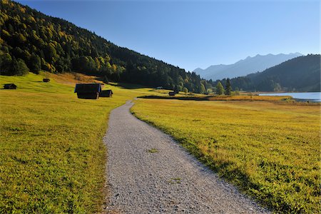 simsearch:6118-09059493,k - Path and Huts in Meadow, Wagenbruechsee, Gerold, Werdenfelser Land, Upper Bavaria, Bavaria, Germany Stock Photo - Rights-Managed, Code: 700-03979820