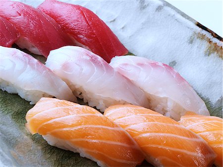 fish meals - Tuna sushi with rice smoked salmon Stock Photo - Rights-Managed, Code: 824-07585971