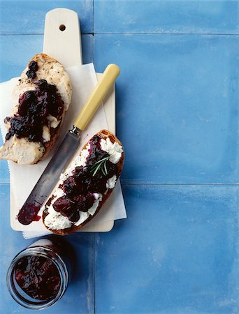 Chicken and goat's cheese with bilberry and grape jam on sliced bread Stock Photo - Rights-Managed, Code: 825-05814543