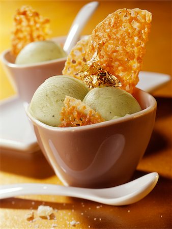 Green tea ice cream and ginger tuile biscuits Stock Photo - Rights-Managed, Code: 825-05811088