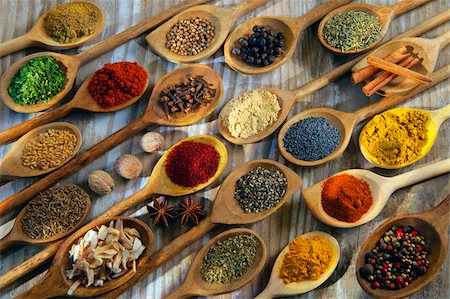 row of seeds - Seletion of spices in wooden spoons Stock Photo - Rights-Managed, Code: 825-05811123