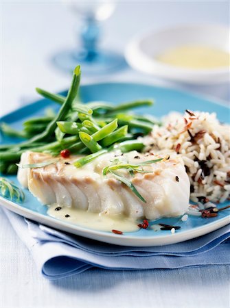 Cod fillet,wild rice and green beans Stock Photo - Rights-Managed, Code: 825-05811958