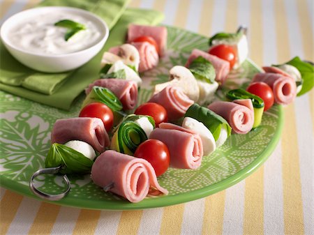 Ham,tomato,feta and courgette brochettes Stock Photo - Rights-Managed, Code: 825-05812940